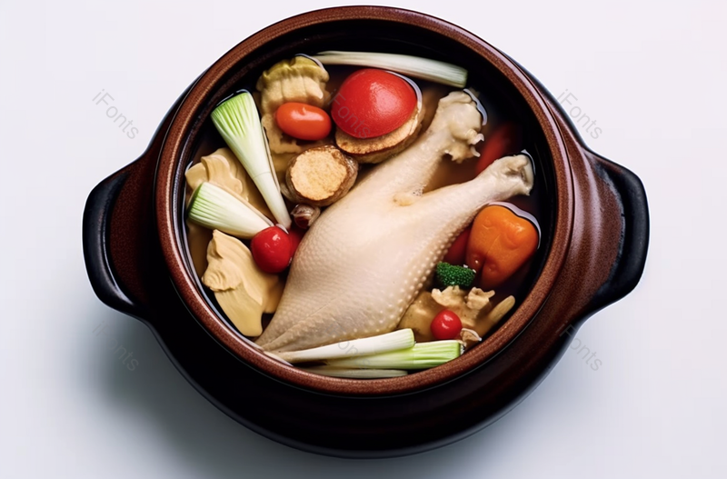 一锅鸡汤里面有鸡肉葫芦卜红辣椒小番茄和大葱白底图背景图像摄影,高清,摄影图,摄影图片,图片大全,摄影图免费下载